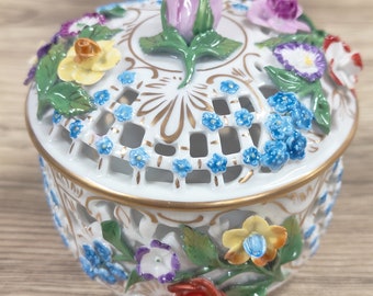 Antique Dresden Porcelain Bowl with Lid Cutwork with Inlay Flowers for Potpourri or Trinkets