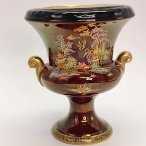 Vintage Crown Devon Fieldings Vase: Ruby Rouge Urn, Hand Painted Oriental Design