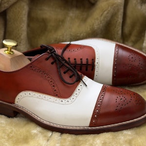 Handmade White And Brown Color Brogue Cap Toe Genuine Leather Lace-Up Shoes For Men. image 1