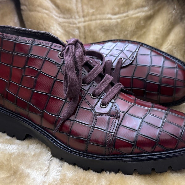 Luxury Handmade Genuine Alligator Textured Leather Made To Order Burgundy Color Ankle High Lace Up Chukka  Boots For Men