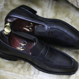 Bespoke Pure Handmade Black Color Genuine Leather Slip On Loafers For Men