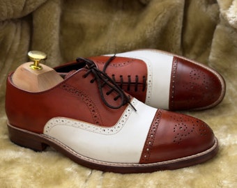 Handmade White And Brown Color Brogue Cap Toe Genuine Leather Lace-Up Shoes For Men.