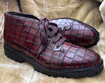 Luxury Handmade Genuine Alligator Textured Leather Made To Order Burgundy Color Ankle High Lace Up Chukka  Boots For Men