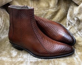 Custom Handmade Genuine Snake Skin Textured Leather Made To Order Brown Color Side Zipper Ankle High Boots For Men