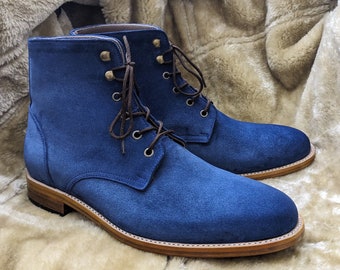 Handmade Genuine Suede Blue Color Ankle High Rounded Toe Lace Up Boots For Men.