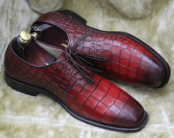 Bespoke Pure Handmade Alligator Textured Red Color Genuine Leather Lace Up Shoes For Men