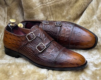 Handmade Two Tone Brown And Tan Color Alligator Textured Pure Leather, Double Monk Strap, Cap Toe Lace Up Shoes For Men