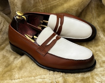Bespoke Handmade White And Brown Color Genuine Leather Slip-On Penny Loafers For Men.