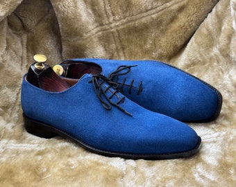 Handmade Blue Color Genuine Suede Whole Cut Lace-Up Shoes For Men.