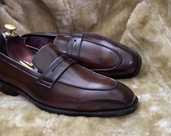 Bespoke Pure Handmade Brown Color Genuine Leather Slip On Penny Loafers For Men