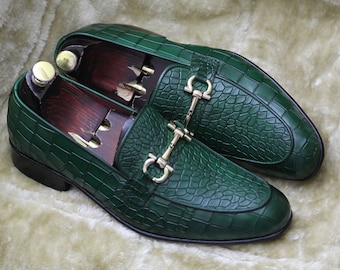 Bespoke Pure Handmade Alligator Textured Green Color Genuine Leather Slip On Horsebit Loafers For Men