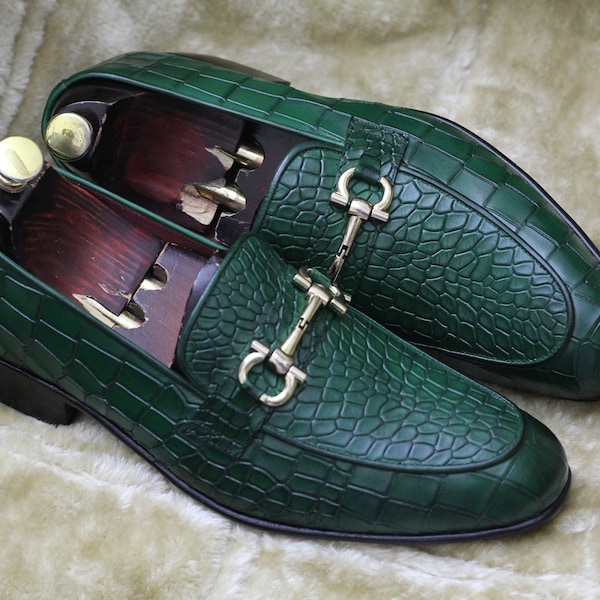 Bespoke Pure Handmade Alligator Textured Green Color Genuine Leather Slip On Horsebit Loafers For Men