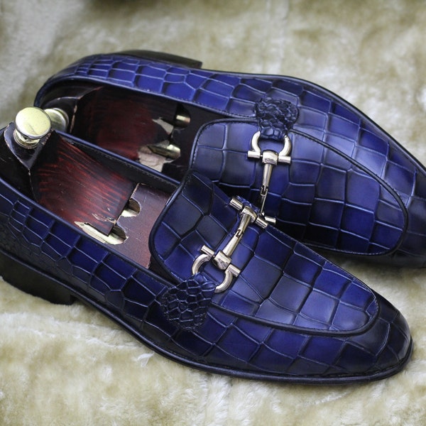 Bespoke Pure Handmade Alligator Textured Blue Color Genuine Leather Slip On Horsebit Loafers For Men