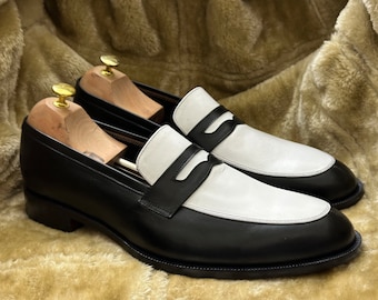 Bespoke Pure Handmade Two Tone Black & White Color Genuine Leather Slip On Loafers For Men