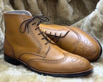 Bespoke Handmade Brown Color, Genuine Leather Brogue Toe Wingtip Ankle High Boots for men.