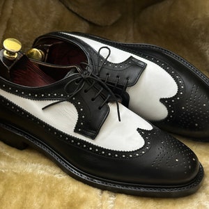 Handmade Two Tone White And Black Color Wingtip Brogue Toe, Genuine Leather Laceup Spectator Shoes for men.