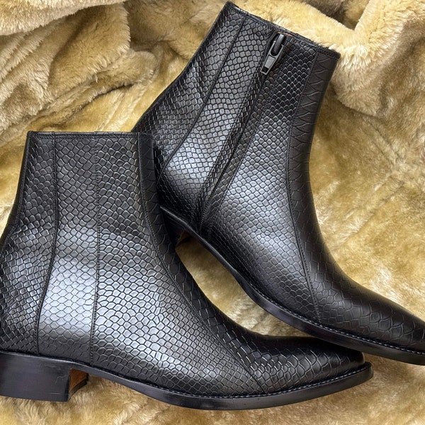 Pure Handmade Made To Order Genuine Snake Skin Textured Leather Black Color Side Zipper Ankle High Boots For Men