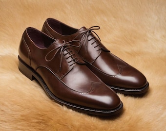 Bespoke Present For Men Pure Handmade Espresso Brown Color Genuine Leather Wing Tip Lace Up Derby Shoes For Men