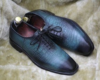 Bespoke Pure Handmade Alligator Textured Two Tone Sea Green Color Genuine Leather Lace Up Shoes For Men