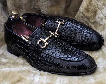 Bespoke Pure Handmade Alligator Textured Black Color Genuine Leather Slip On Horsebit Loafers For Men