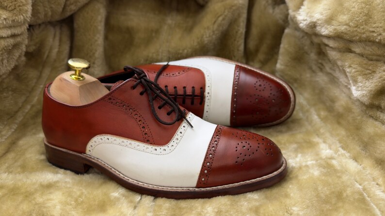 Handmade White And Brown Color Brogue Cap Toe Genuine Leather Lace-Up Shoes For Men. image 1