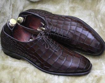 Bespoke Pure Handmade Alligator Textured Brown Color Genuine Leather Lace Up Shoes For Men