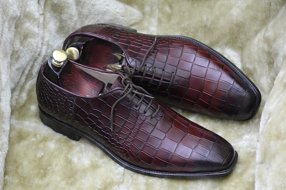 Bespoke Pure Handmade Alligator Textured Burgundy Color Genuine Leather Lace up Shoes for Men Etsy Canada