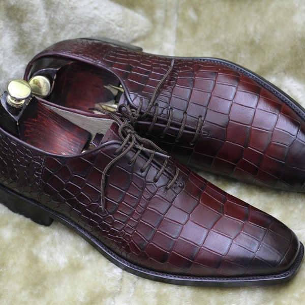 Bespoke Pure Handmade Alligator Textured Burgundy Color Genuine Leather Lace Up Shoes For Men