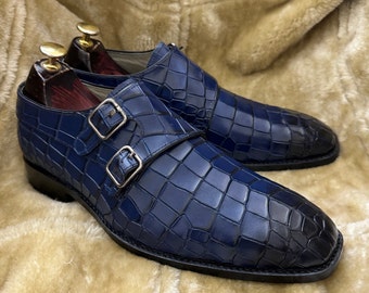 Handmade Bespoke Two Tone Black And Deep Purple Color Alligator Textured Pure Leather, Double Monk Strap Shoes For Men