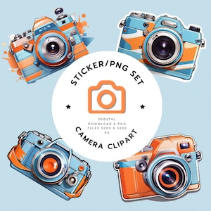 以下が含まれることがあります： レトロなスタイルのデジタルカメラのステッカー4枚セット。カメラは青とオレンジで、背景は白です。ステッカーは、プロジェクトにヴィンテージな雰囲気を加えるのに最適です。
