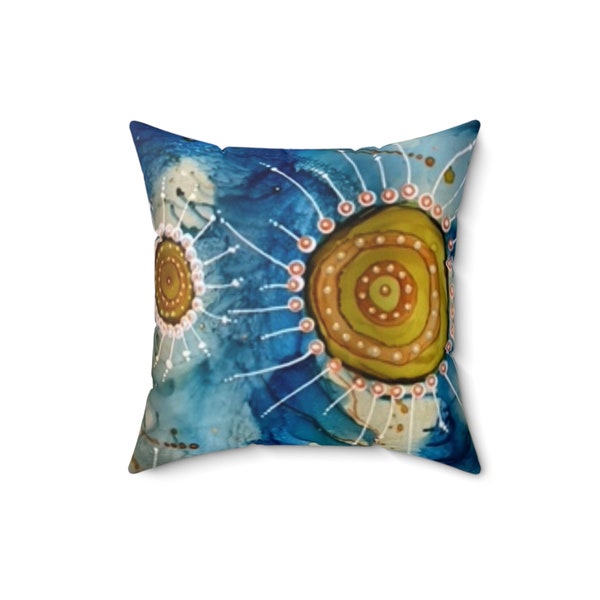 Blue with Yellow hand painted Florals Pillow. #2. Brighten Your Deck, Your Living room, Bedroom Makeover. Update Patio. Spring Home Decor.