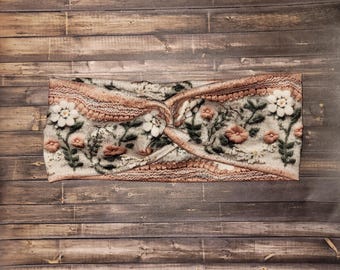 Lacey soft stretchy headband, crochet print twist headband, turban headband