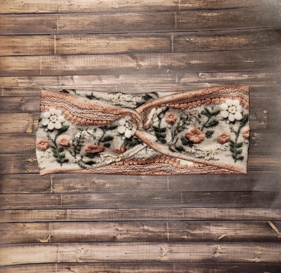 Lacey soft stretchy headband, crochet print twist headband, turban headband