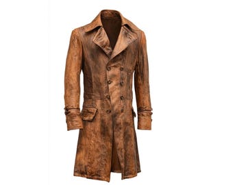 Genuine Leather Steampunk Coat Men, Distressed Brown Gothic Trench, Pirate Captain Jacket, Victorian Cosplay Duster, LARP Overcoat