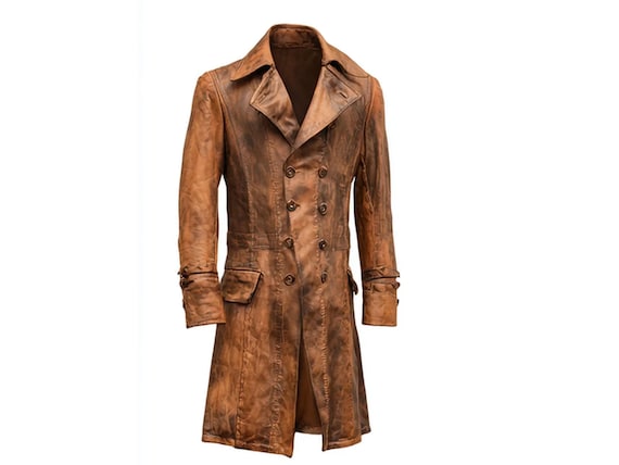 Men's Steampunk Coat, Distressed Brown Leather Trench, Gothic Pirate Costume, Victorian Cosplay Overcoat