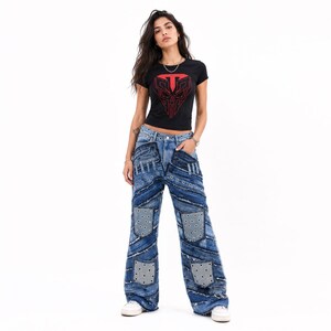 Y2K Patchwork Jeans Frauen, Breites Bein Grunge Denim Hose, Harajuku Baggy Jeans, Distressed ausgefranste Öse Streetwear, Alt Punk Geschenk für Sie