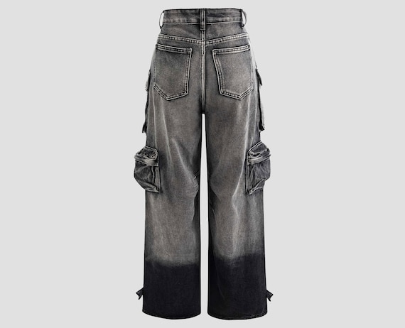 Grey Acid Wash Denim Cargo Pants, Gothic Unisex Baggy Pants Grey Acid Wash Denim Cargo Pants, Gothic Unisex Baggy Pants