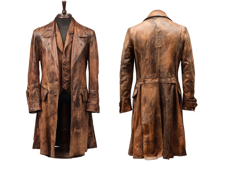 K&ouml;nnte beinhalten: Ein brauner Ledermantel mit Used-Look, pr&auml;sentiert auf einer Schaufensterpuppe. Der Mantel hat eine lange L&auml;nge, eine fallendes Revers und mehrere Taschen. Die R&uuml;ckansicht zeigt eine taillierte Passform mit G&uuml;rteldetail. Die Mantell&auml;nge betr&auml;gt ca. 127 cm.