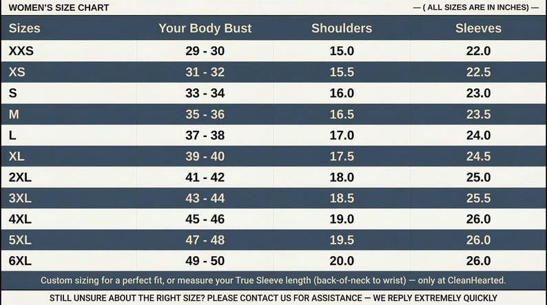 Puede incluir: Tabla de tallas para mujer con medidas en pulgadas para busto, hombros y mangas. Las tallas van de XXS a 6XL, con las medidas correspondientes. La tabla incluye informaci&oacute;n sobre tallas personalizadas.