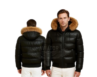 Men's Black Leather Puffer Jacket, Fur Hood, Winter Outerwear