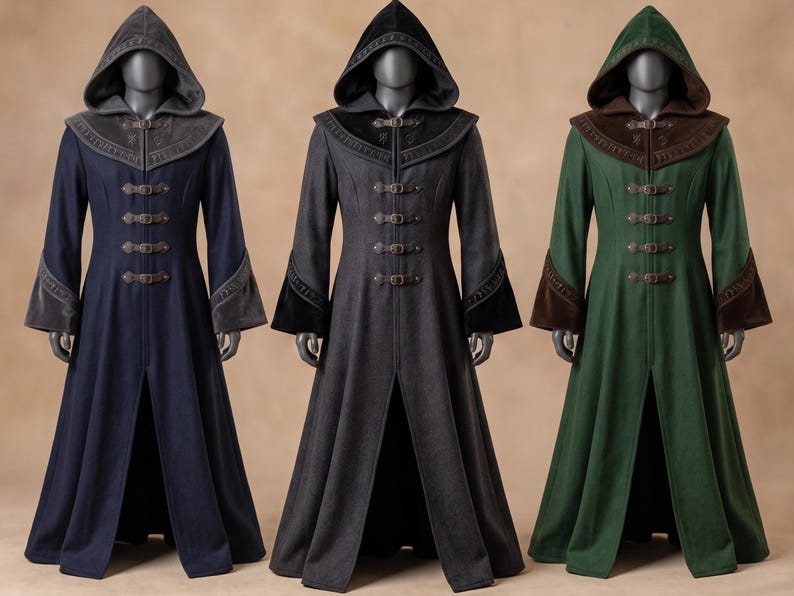 Magive Robe Ancient Arcane Scholar Wool Wizard Robe, Hooded Medieval Mage Coat ...