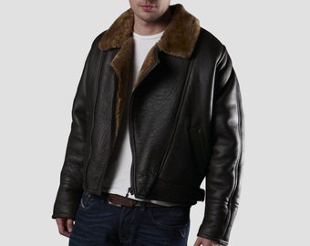 Veste en cuir et fourrure d'hiver pour homme, Veste en peau de mouton retournée, Veste en imitation peau de mouton retournée, Veste en cuir noire neuve, Veste en cuir Furcliff, Veste oversize