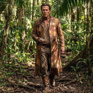 May include: A man in a long brown leather coat and boots walks through a lush green forest. He holds a compass in his hand, suggesting exploration or adventure. The coat has a patchwork design.