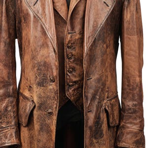K&ouml;nnte beinhalten: Ein dreiteiliger brauner Lederanzug mit Used-Look. Der Anzug besteht aus einem langen Mantel mit doppelreihigen Kn&ouml;pfen, einer Weste mit Knopfverschluss und einer passenden Jacke. Das Leder hat ein abgenutztes, Vintage-Aussehen.