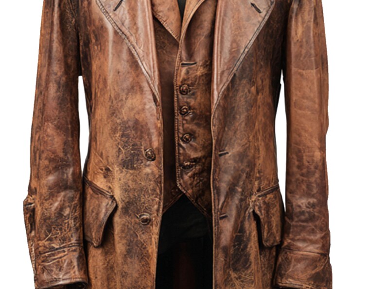 K&ouml;nnte beinhalten: Ein dreiteiliger brauner Lederanzug mit Used-Look. Der Anzug besteht aus einem langen Mantel mit doppelreihigen Kn&ouml;pfen, einer Weste mit Knopfverschluss und einer passenden Jacke. Das Leder hat ein abgenutztes, Vintage-Aussehen.