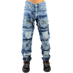 Upcycled Patchwork Denim Jeans: Handmade Distressed Rework Streetwear