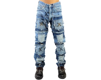 Custom Patchwork Stacked Jeans, Upcycled Rework Denim, Frayed Grunge Streetwear Pants