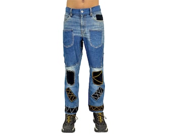 Custom Patchwork Denim Jeans, Black Velvet, Gold Embroidery, Boho Streetwear Pants