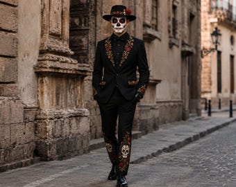 死者の日をテーマにした男性用スーツ、シュガースカルタキシード、ゴシックウェディングやハロウィンにぴったりの刺繍入りブラックブレザーとパンツ