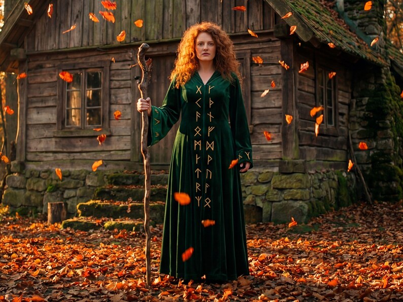 Emerald Green Velvet Witch Robe Long Sleeve Kimono Style Coat for Witch ...